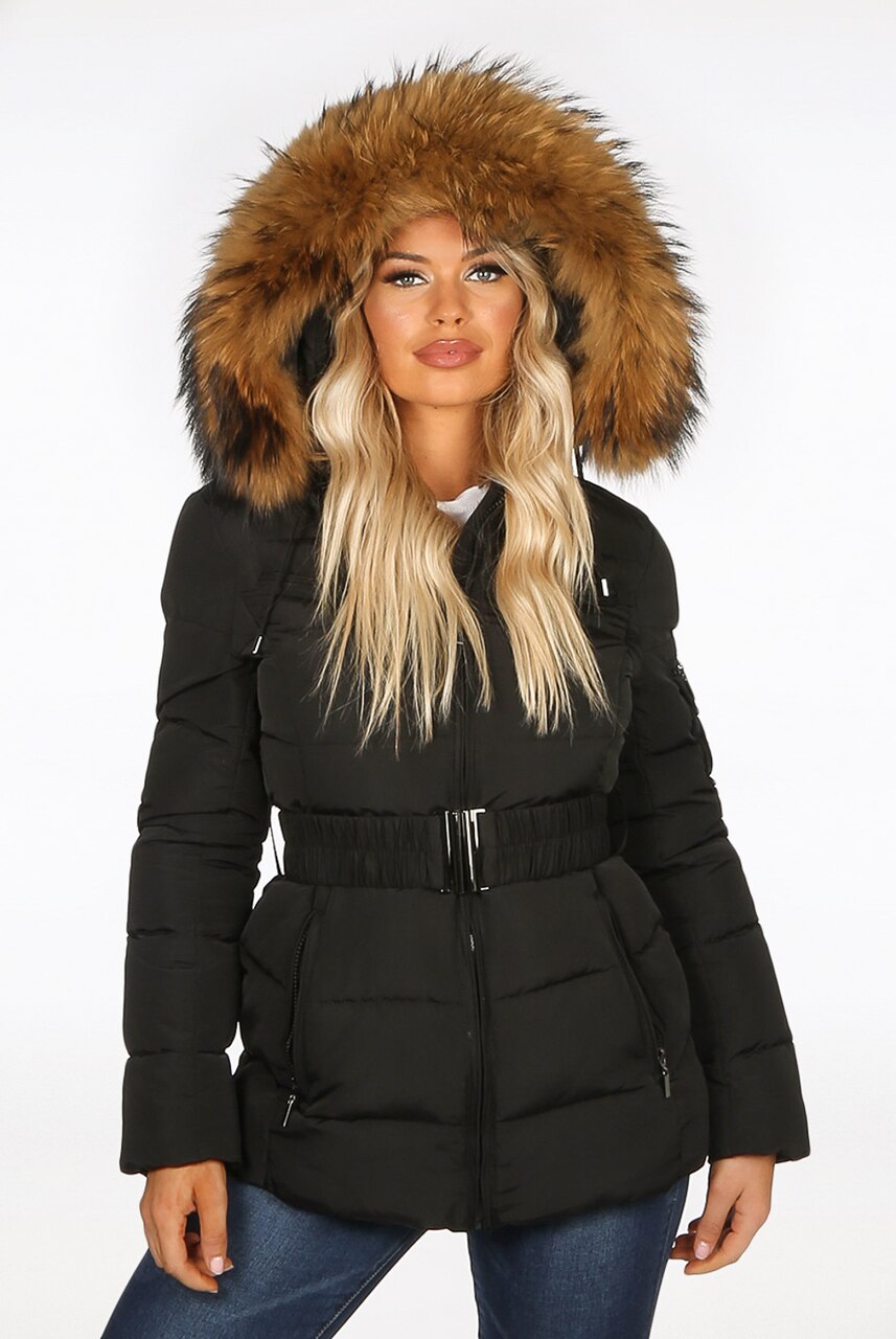 Black Natural Real Fur Hood Attentif Puffer Zip Jacket Aria Storm Desire