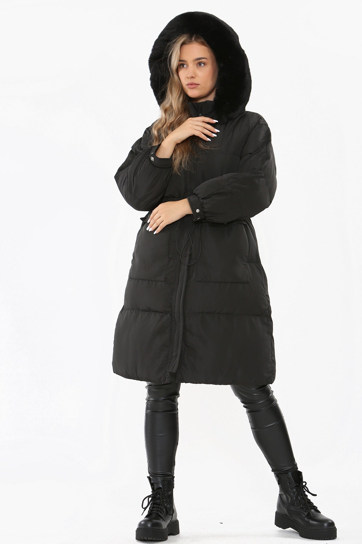 Black Faux Fur Hood Longline Padded Drawstring Coat - Monica - Storm Desire