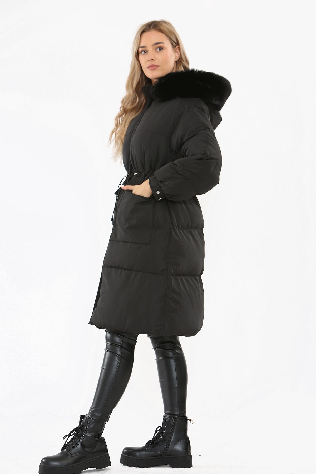 Black Faux Fur Hood Longline Padded Drawstring Coat - Monica - Storm Desire