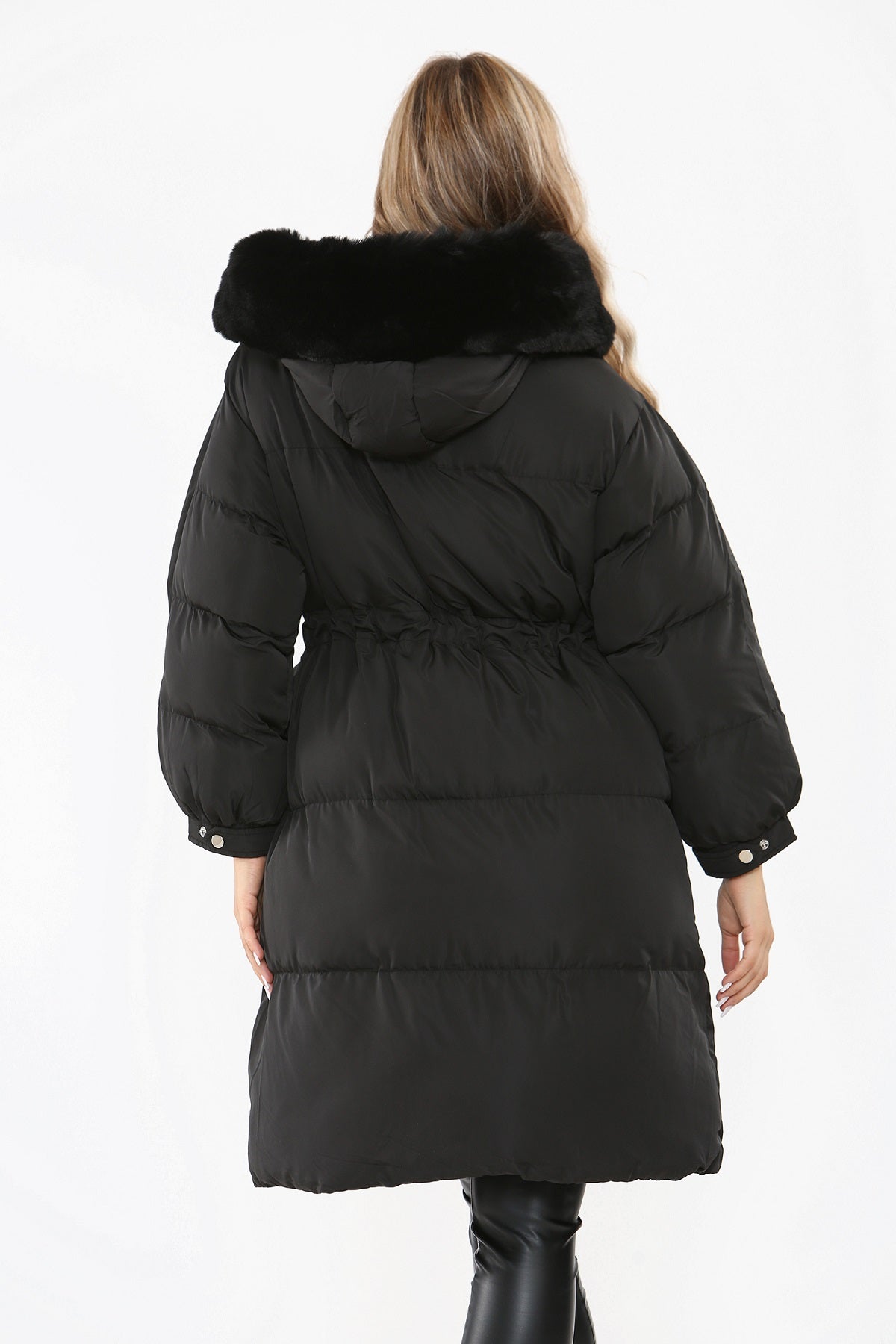 Black Faux Fur Hood Longline Padded Drawstring Coat - Monica - Storm Desire