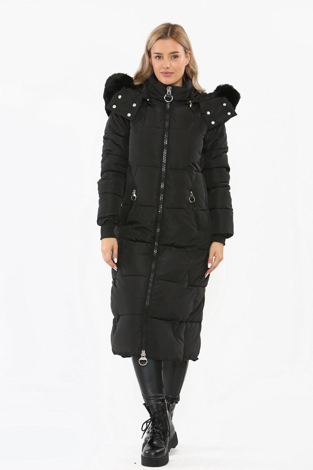 Black Faux Fur hood Long Line Padded Puffer Coat - Amani - Storm Desire