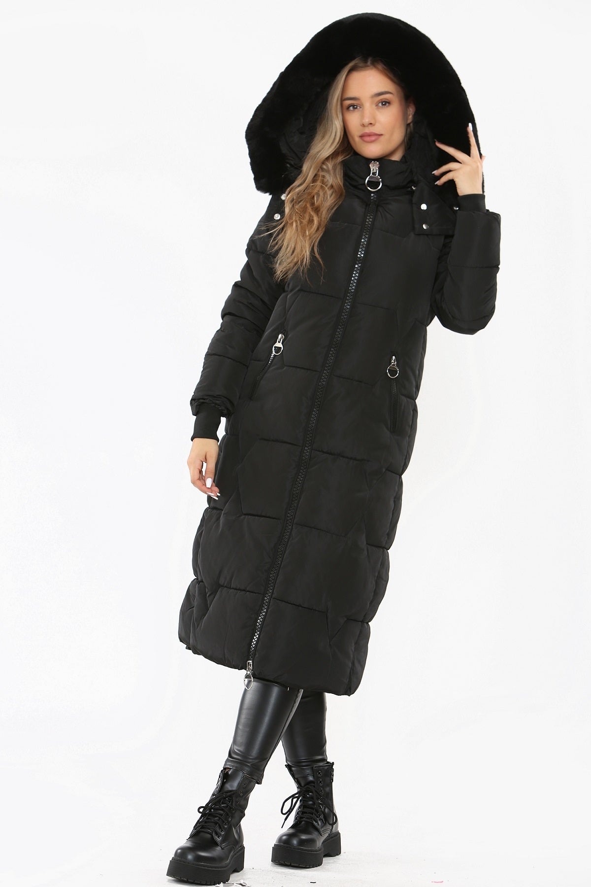 Black Faux Fur hood Long Line Padded Puffer Coat - Amani - Storm Desire