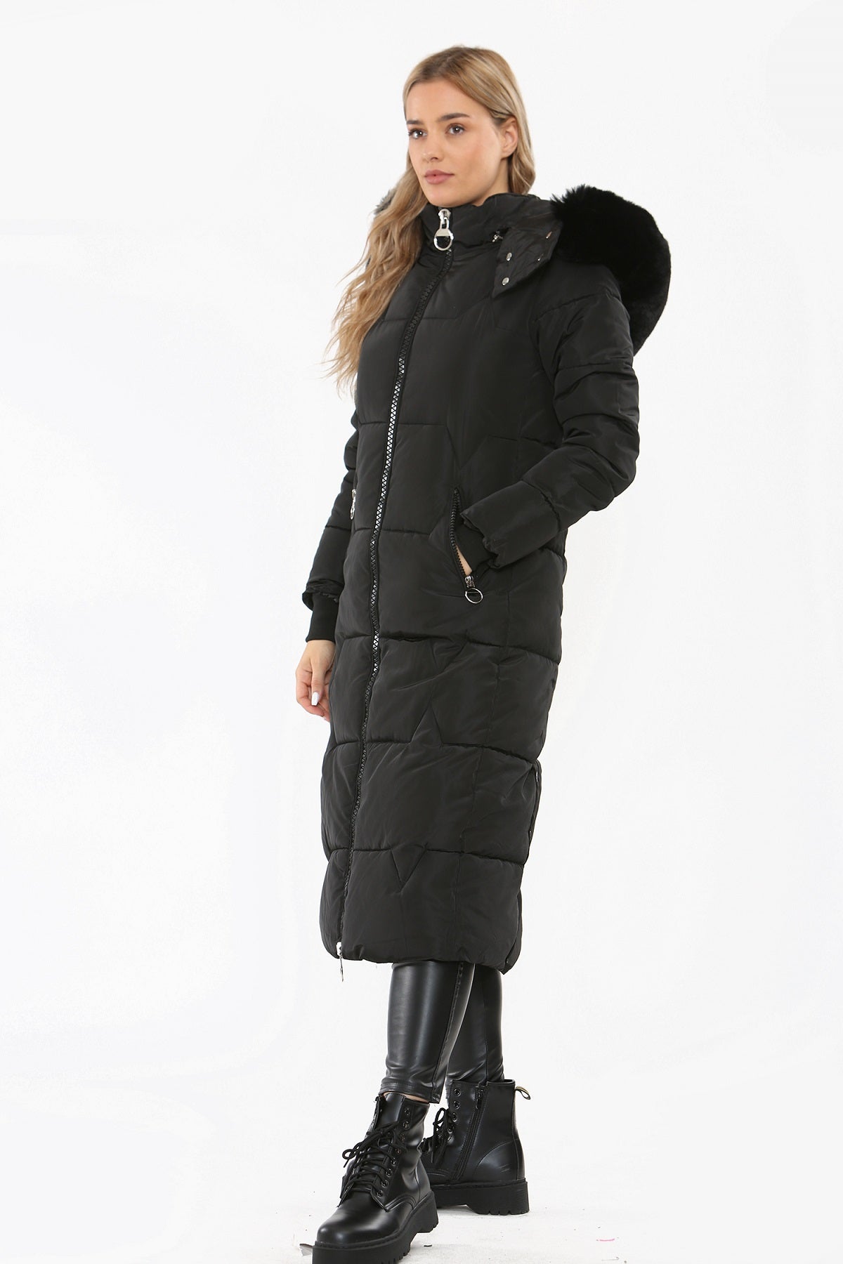 Black Faux Fur hood Long Line Padded Puffer Coat - Amani - Storm Desire