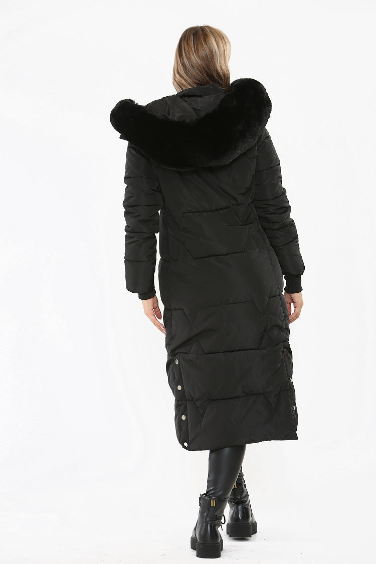 Black Faux Fur hood Long Line Padded Puffer Coat Amani