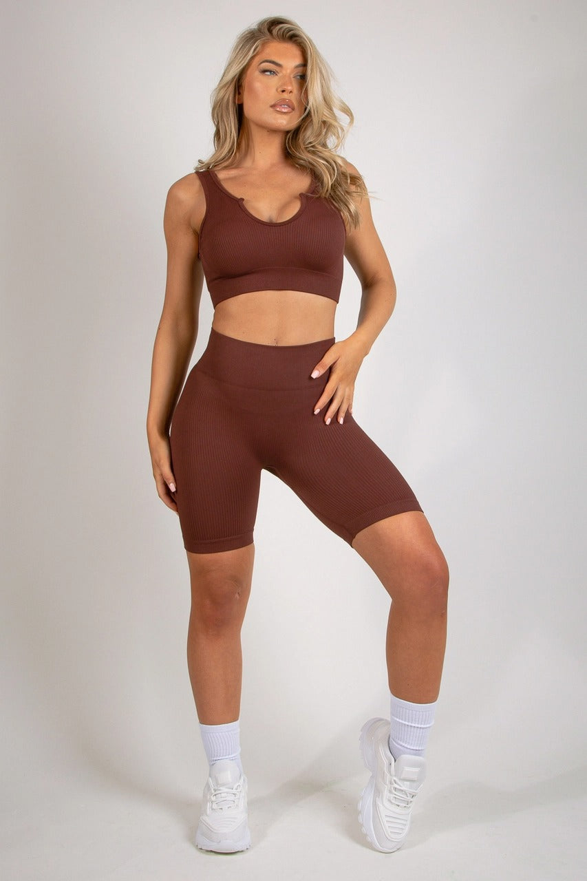 Brown Low Cut Crop Top & Cycling Shorts Set - Amaya - Storm Desire