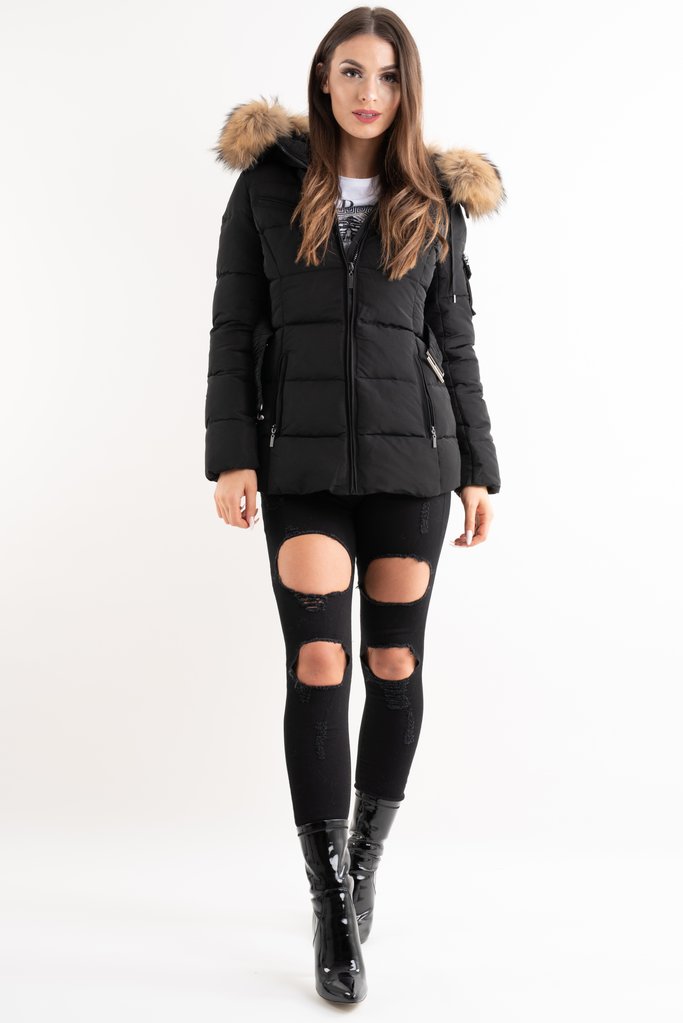 Black Natural Real Fur Hood Attentif Puffer Zip Jacket Aria Storm Desire