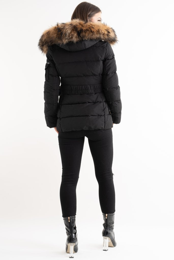 Black Natural Real Fur Hood Attentif Puffer Zip Jacket - Aria - Storm Desire