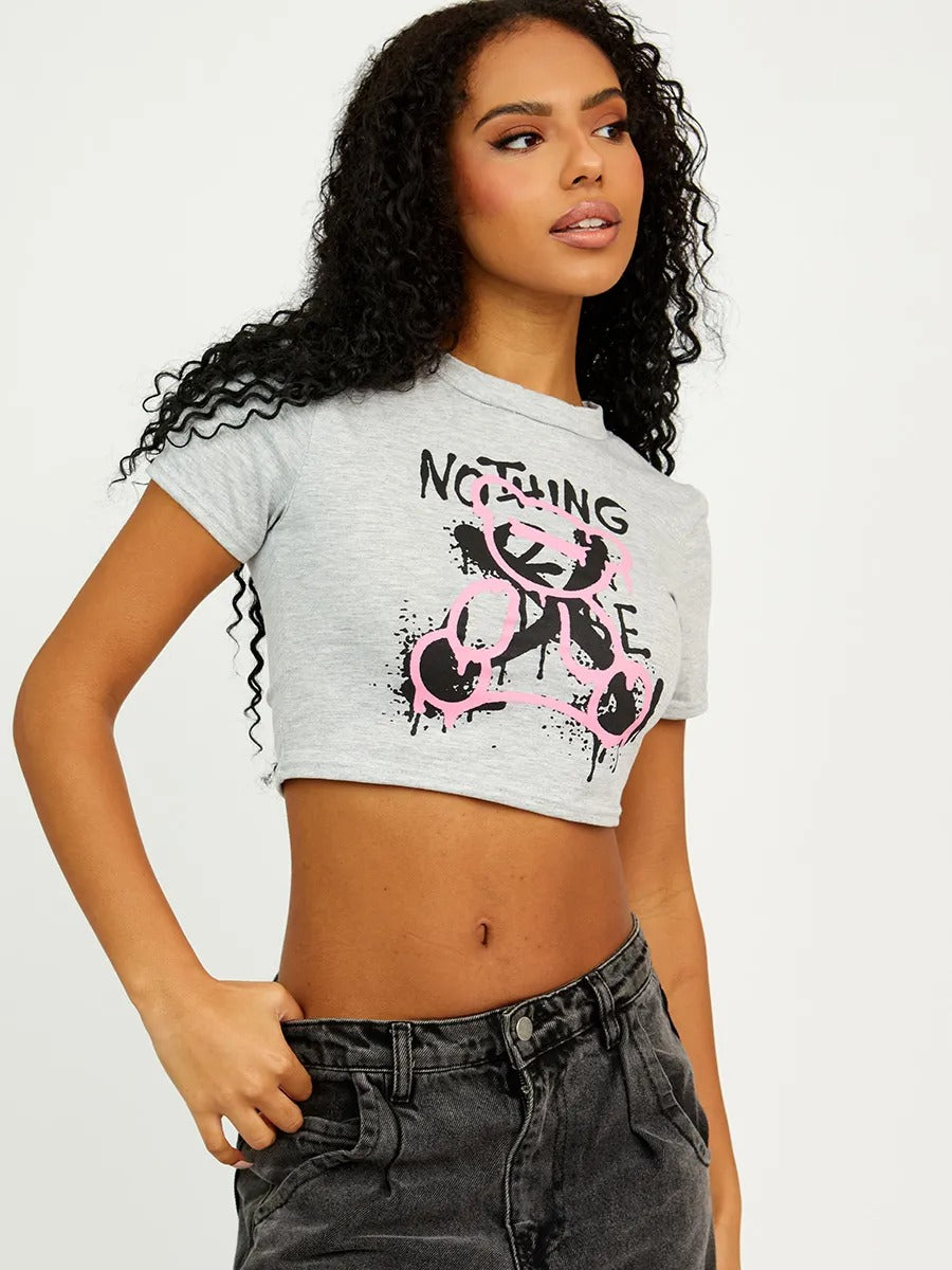 Grey Nothing Graphic Printed Crop Top - Zoey