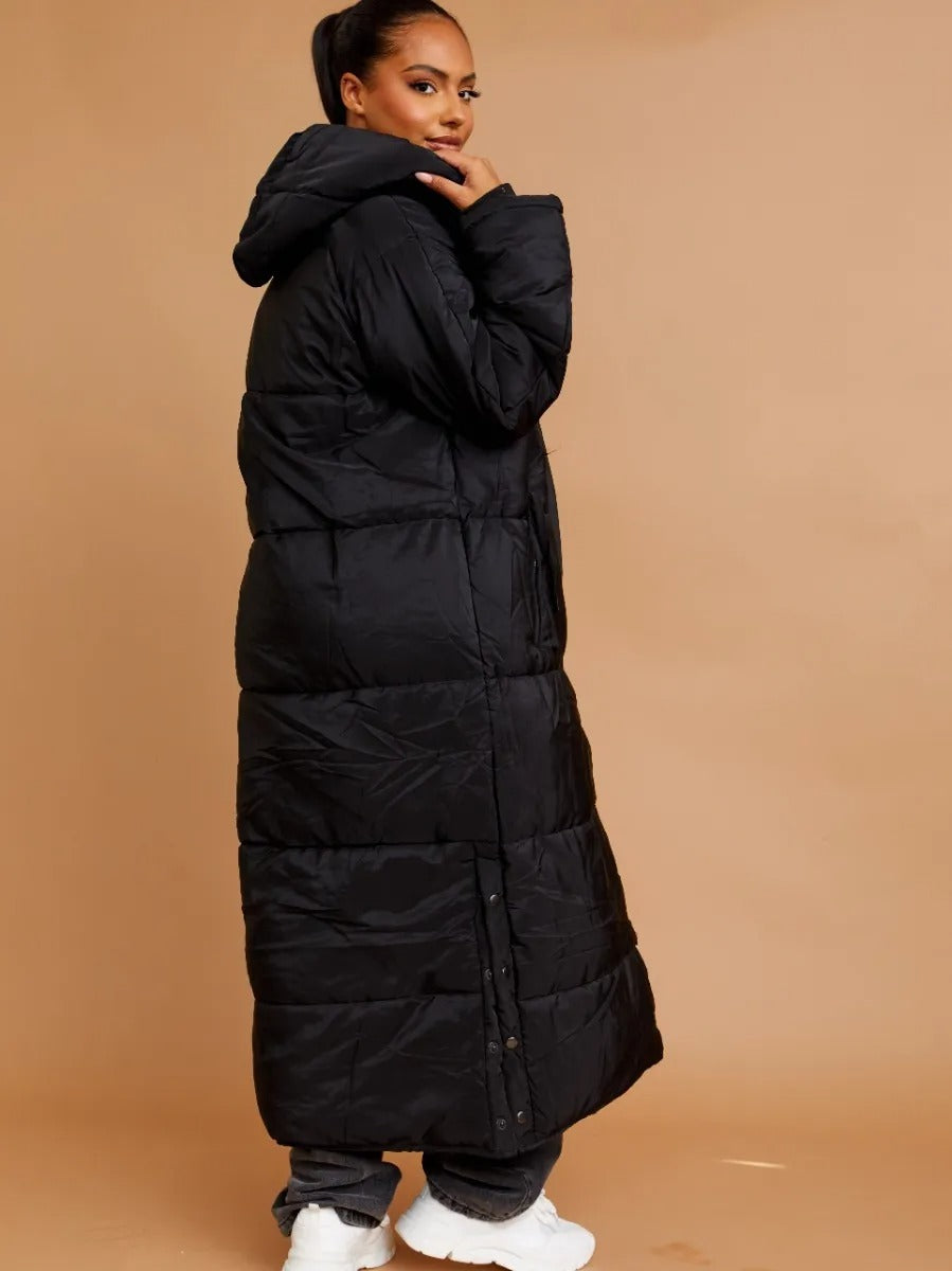 Longline Quilted Hooded Coat Button Detail - Aliza - Storm Desire